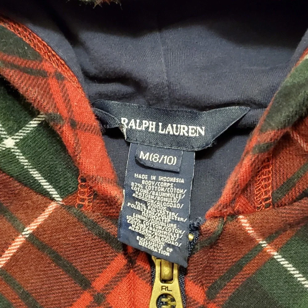 Vtg Polo Ralph Lauren Hoodie Jacket‎ Boys 8/10 Red Plaid Zip Up Crest Logo